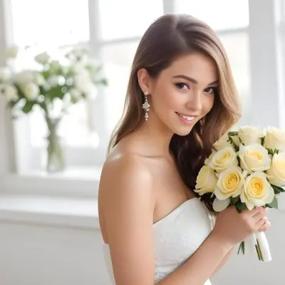 Young Woman With Light Skin And Long Brown Hair Wearing A Strapless White Dress And Large Earrings Holding A Bouquet Of White And Yellow Roses The Background Features Soft Blurred Greenery And Floral Arrangements 18 F482