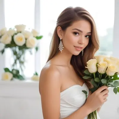 Young Woman With Light Skin And Long Brown Hair Wearing A Strapless White Dress And Large Earrings Holding A Bouquet Of White And Yellow Roses The Background Features Soft Blurred Greenery And Floral Arrangements 19 8f12
