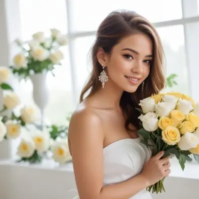 Young Woman With Light Skin And Long Brown Hair Wearing A Strapless White Dress And Large Earrings Holding A Bouquet Of White And Yellow Roses The Background Features Soft Blurred Greenery And Floral Arrangements 20 B448