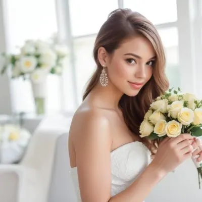 Young Woman With Light Skin And Long Brown Hair Wearing A Strapless White Dress And Large Earrings Holding A Bouquet Of White And Yellow Roses The Background Features Soft Blurred Greenery And Floral Arrangements 21 5f36