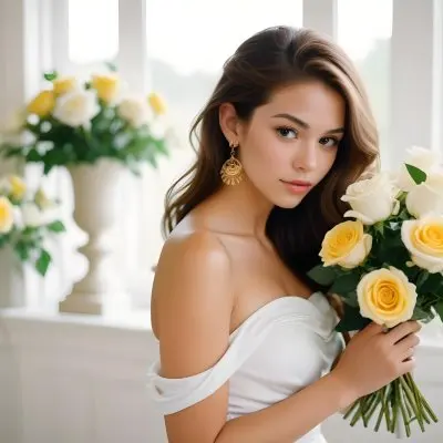 Young Woman With Light Skin And Long Brown Hair Wearing A Strapless White Dress And Large Earrings Holding A Bouquet Of White And Yellow Roses The Background Features Soft Blurred Greenery And Floral Arrangements 3 Fd48