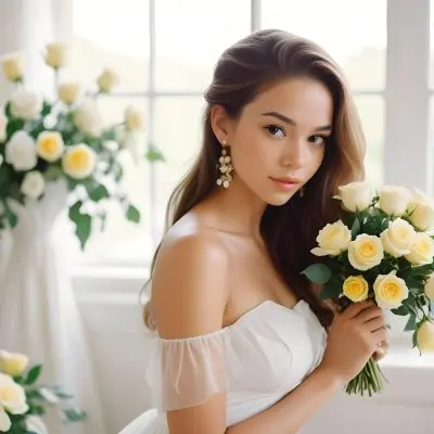 Young Woman With Light Skin And Long Brown Hair Wearing A Strapless White Dress And Large Earrings Holding A Bouquet Of White And Yellow Roses The Background Features Soft Blurred Greenery And Floral Arrangements 4 E0f4
