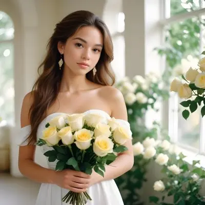 Young Woman With Light Skin And Long Brown Hair Wearing A Strapless White Dress And Large Earrings Holding A Bouquet Of White And Yellow Roses The Background Features Soft Blurred Greenery And Floral Arrangements 5 4a46