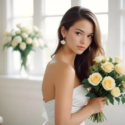 Young Woman With Light Skin And Long Brown Hair Wearing A Strapless White Dress And Large Earrings Holding A Bouquet Of White And Yellow Roses The Background Features Soft Blurred Greenery And Floral Arrangements 6 Ca27
