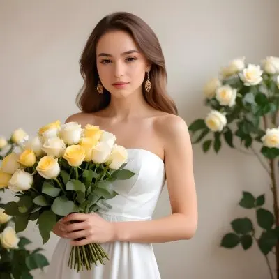 Young Woman With Light Skin And Long Brown Hair Wearing A Strapless White Dress And Large Earrings Holding A Bouquet Of White And Yellow Roses The Background Features Soft Blurred Greenery And Floral Arrangements 7 C587