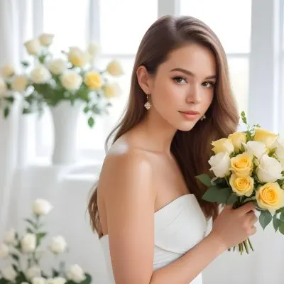 Young Woman With Light Skin And Long Brown Hair Wearing A Strapless White Dress And Large Earrings Holding A Bouquet Of White And Yellow Roses The Background Features Soft Blurred Greenery And Floral Arrangements 8 0fed