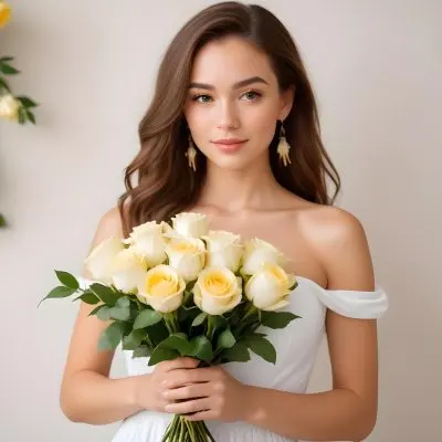 Young Woman With Light Skin And Long Brown Hair Wearing A Strapless White Dress And Large Earrings Holding A Bouquet Of White And Yellow Roses The Background Features Soft Blurred Greenery And Floral Arrangements 9 Cb10