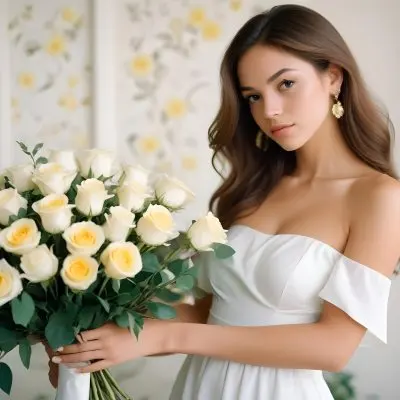 Young Woman With Light Skin And Long Brown Hair Wearing A Strapless White Dress And Large Earrings Holding A Bouquet Of White And Yellow Roses The Background Features Soft Blurred Greenery And Floral Arrangements Ba71