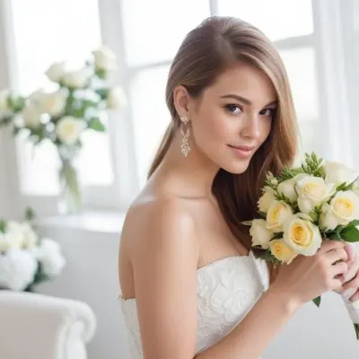 Young Woman With Light Skin And Long Brown Hair Wearing A Strapless White Dress And Large Earrings Holding A Bouquet Of White And Yellow Roses The Background Features Soft Blurred Greenery And Floral Arrangements Su 291e