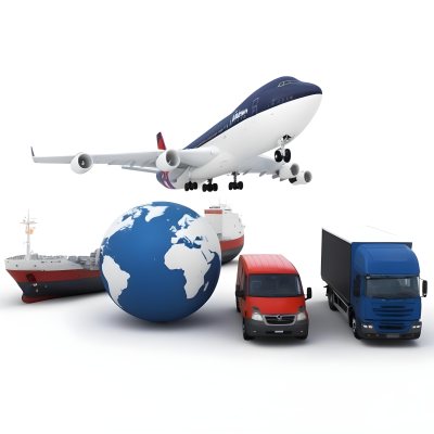 3d Model A Large Commercial Airplane A Cargo Ship A Semi Truck And A Delivery Van Surrounding A Globe Representing Different Modes Of Global Transportation And Logistics In Daytime With A Background Of A Bust 1 7382