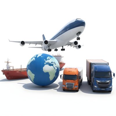 3d Model A Large Commercial Airplane A Cargo Ship A Semi Truck And A Delivery Van Surrounding A Globe Representing Different Modes Of Global Transportation And Logistics In Daytime With A Background Of A Bust 10 7dad