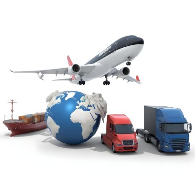 3d Model A Large Commercial Airplane A Cargo Ship A Semi Truck And A Delivery Van Surrounding A Globe Representing Different Modes Of Global Transportation And Logistics In Daytime With A Background Of A Bust 11 65b4