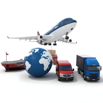 3d Model A Large Commercial Airplane A Cargo Ship A Semi Truck And A Delivery Van Surrounding A Globe Representing Different Modes Of Global Transportation And Logistics In Daytime With A Background Of A Bust 12 7c43