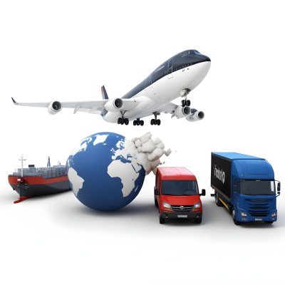 3d Model A Large Commercial Airplane A Cargo Ship A Semi Truck And A Delivery Van Surrounding A Globe Representing Different Modes Of Global Transportation And Logistics In Daytime With A Background Of A Bust 13 Cb6c