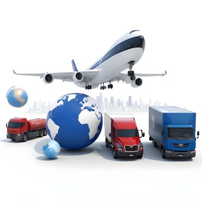 3d Model A Large Commercial Airplane A Cargo Ship A Semi Truck And A Delivery Van Surrounding A Globe Representing Different Modes Of Global Transportation And Logistics In Daytime With A Background Of A Bust 15 8791
