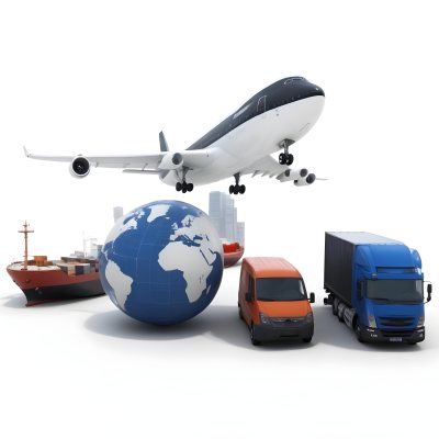 3d Model A Large Commercial Airplane A Cargo Ship A Semi Truck And A Delivery Van Surrounding A Globe Representing Different Modes Of Global Transportation And Logistics In Daytime With A Background Of A Bust 16 F80f