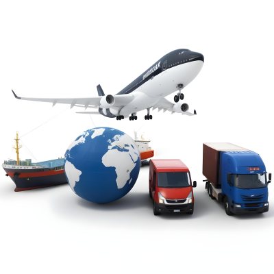 3d Model A Large Commercial Airplane A Cargo Ship A Semi Truck And A Delivery Van Surrounding A Globe Representing Different Modes Of Global Transportation And Logistics In Daytime With A Background Of A Bust 17 92b7