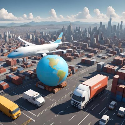 3d Model A Large Commercial Airplane A Cargo Ship A Semi Truck And A Delivery Van Surrounding A Globe Representing Different Modes Of Global Transportation And Logistics In Daytime With A Background Of A Bust 3 Fa93