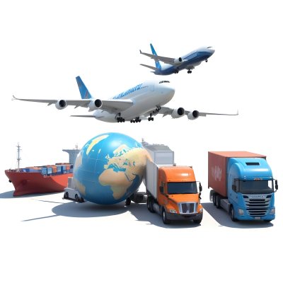 3d Model A Large Commercial Airplane A Cargo Ship A Semi Truck And A Delivery Van Surrounding A Globe Representing Different Modes Of Global Transportation And Logistics In Daytime With A Background Of A Bust 4 996f