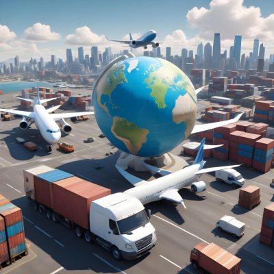3d Model A Large Commercial Airplane A Cargo Ship A Semi Truck And A Delivery Van Surrounding A Globe Representing Different Modes Of Global Transportation And Logistics In Daytime With A Background Of A Bust 6 491f