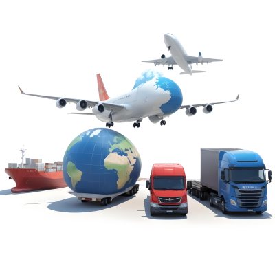 3d Model A Large Commercial Airplane A Cargo Ship A Semi Truck And A Delivery Van Surrounding A Globe Representing Different Modes Of Global Transportation And Logistics In Daytime With A Background Of A Bust 7 Ecff