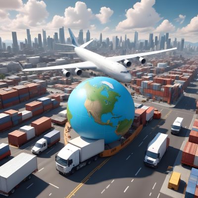 3d Model A Large Commercial Airplane A Cargo Ship A Semi Truck And A Delivery Van Surrounding A Globe Representing Different Modes Of Global Transportation And Logistics In Daytime With A Background Of A Bust 8 Ebfa