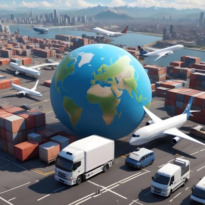 3d Model A Large Commercial Airplane A Cargo Ship A Semi Truck And A Delivery Van Surrounding A Globe Representing Different Modes Of Global Transportation And Logistics In Daytime With A Background Of A Bust 9 525a
