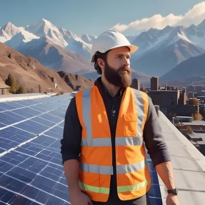 A 35 Year Old Caucasian Man With A Beard Wearing A Helmet And A Safety Vest Inspecting Solar Panels On A Rooftop With A Mountain In The Background 4 2f63