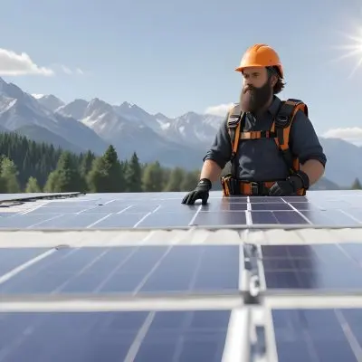A 35 Year Old Caucasian Man With A Beard Wearing A Helmet And A Safety Vest Inspecting Solar Panels On A Rooftop With A Mountain In The Background 6 9d33