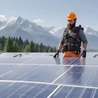 A 35 Year Old Caucasian Man With A Beard Wearing A Helmet And A Safety Vest Inspecting Solar Panels On A Rooftop With A Mountain In The Background 7 F69d