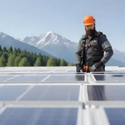 A 35 Year Old Caucasian Man With A Beard Wearing A Helmet And A Safety Vest Inspecting Solar Panels On A Rooftop With A Mountain In The Background 8 9049