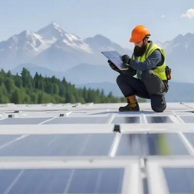 A 35 Year Old Caucasian Man With A Beard Wearing A Helmet And A Safety Vest Inspecting Solar Panels On A Rooftop With A Mountain In The Background 9 7766