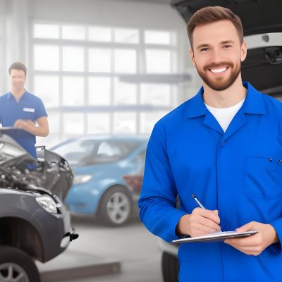 A Caucasian Male Mechanic In A Blue Jumpsuit Approximately 30 Years Old Smiling While Holding A Clipboard And Pen In The Background There Are Car Parts And Tools With A Digital Interface Displaying Car Icons And 10 1c10
