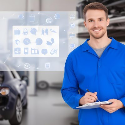 A Caucasian Male Mechanic In A Blue Jumpsuit Approximately 30 Years Old Smiling While Holding A Clipboard And Pen In The Background There Are Car Parts And Tools With A Digital Interface Displaying Car Icons And 11 2b79