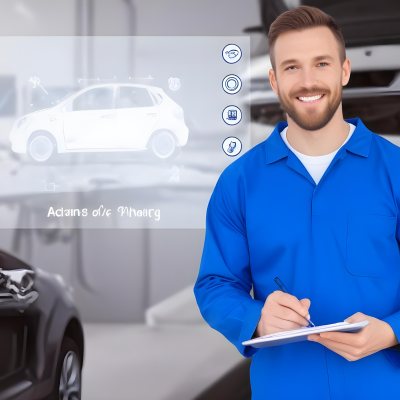A Caucasian Male Mechanic In A Blue Jumpsuit Approximately 30 Years Old Smiling While Holding A Clipboard And Pen In The Background There Are Car Parts And Tools With A Digital Interface Displaying Car Icons And 12 3de6