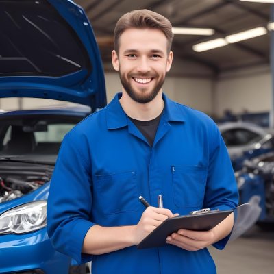 A Caucasian Male Mechanic In A Blue Jumpsuit Approximately 30 Years Old Smiling While Holding A Clipboard And Pen In The Background There Are Car Parts And Tools With A Digital Interface Displaying Car Icons And 4 D184