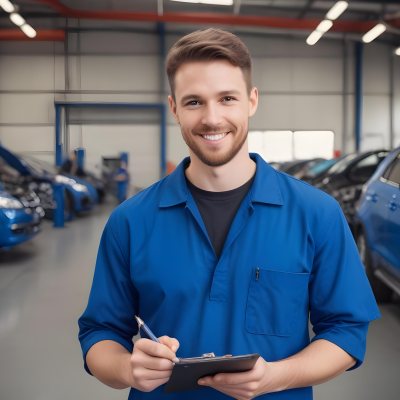 A Caucasian Male Mechanic In A Blue Jumpsuit Approximately 30 Years Old Smiling While Holding A Clipboard And Pen In The Background There Are Car Parts And Tools With A Digital Interface Displaying Car Icons And 5 F430