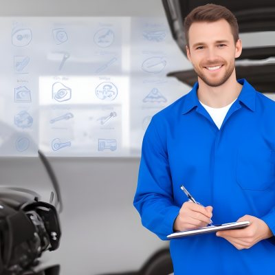 A Caucasian Male Mechanic In A Blue Jumpsuit Approximately 30 Years Old Smiling While Holding A Clipboard And Pen In The Background There Are Car Parts And Tools With A Digital Interface Displaying Car Icons And 6 Bd18