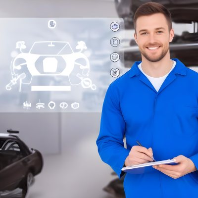 A Caucasian Male Mechanic In A Blue Jumpsuit Approximately 30 Years Old Smiling While Holding A Clipboard And Pen In The Background There Are Car Parts And Tools With A Digital Interface Displaying Car Icons And 7 144b