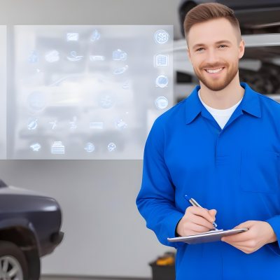 A Caucasian Male Mechanic In A Blue Jumpsuit Approximately 30 Years Old Smiling While Holding A Clipboard And Pen In The Background There Are Car Parts And Tools With A Digital Interface Displaying Car Icons And 8 9a6a