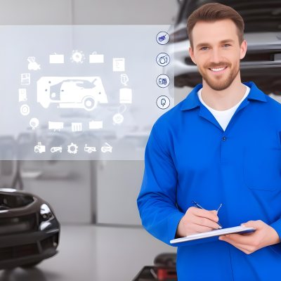 A Caucasian Male Mechanic In A Blue Jumpsuit Approximately 30 Years Old Smiling While Holding A Clipboard And Pen In The Background There Are Car Parts And Tools With A Digital Interface Displaying Car Icons And 9 8015