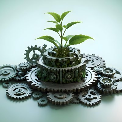 A Green Plant Growing From A Gear Filled With Soil Surrounded By Other Gears In A Green Background 18 Ee4f