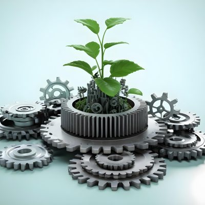 A Green Plant Growing From A Gear Filled With Soil Surrounded By Other Gears In A Green Background 31 B416
