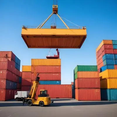 A Large Cargo Container Ship Being Loaded With Colorful Shipping Containers With A Crane Lifting A Container Onto The Ship The Background Shows A Clear Blue Sky 12 C052