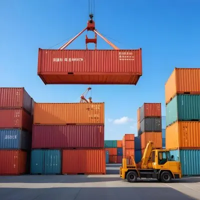 A Large Cargo Container Ship Being Loaded With Colorful Shipping Containers With A Crane Lifting A Container Onto The Ship The Background Shows A Clear Blue Sky 14 84e7