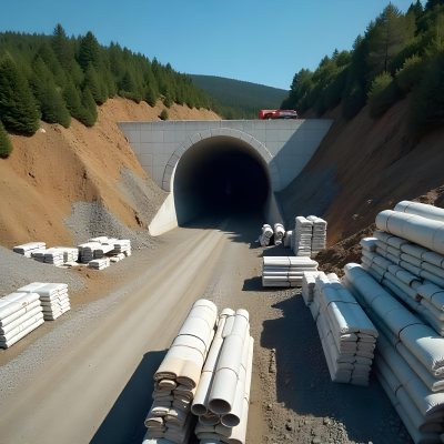 A Large Concrete Tunnel With An Arched Entrance Surrounded By A Dirt Road And Construction Materials The Tunnel Appears To Be Part Of A Transportation Infrastructure Project Likely A Highway Or Railway 10 Be81