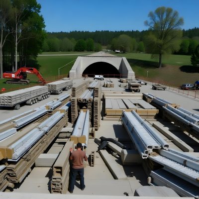 A Large Concrete Tunnel With An Arched Entrance Surrounded By A Dirt Road And Construction Materials The Tunnel Appears To Be Part Of A Transportation Infrastructure Project Likely A Highway Or Railway 12 81e8