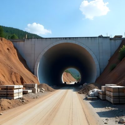 A Large Concrete Tunnel With An Arched Entrance Surrounded By A Dirt Road And Construction Materials The Tunnel Appears To Be Part Of A Transportation Infrastructure Project Likely A Highway Or Railway 2 2981