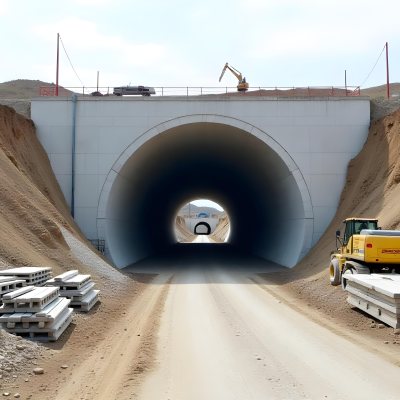 A Large Concrete Tunnel With An Arched Entrance Surrounded By A Dirt Road And Construction Materials The Tunnel Appears To Be Part Of A Transportation Infrastructure Project Likely A Highway Or Railway 3 47bd