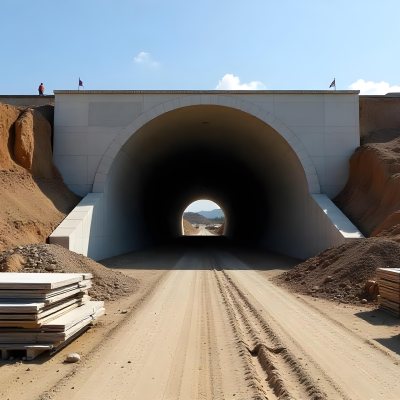 A Large Concrete Tunnel With An Arched Entrance Surrounded By A Dirt Road And Construction Materials The Tunnel Appears To Be Part Of A Transportation Infrastructure Project Likely A Highway Or Railway 4 C83f